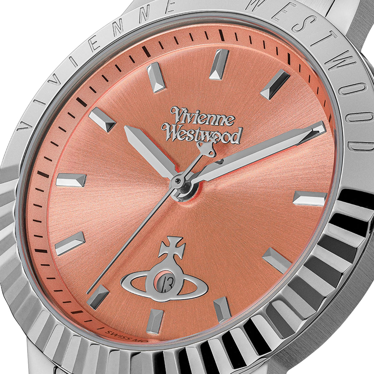 Vivienne Westwood Dulwich VV307COSL pink dial and silver orb logo close up