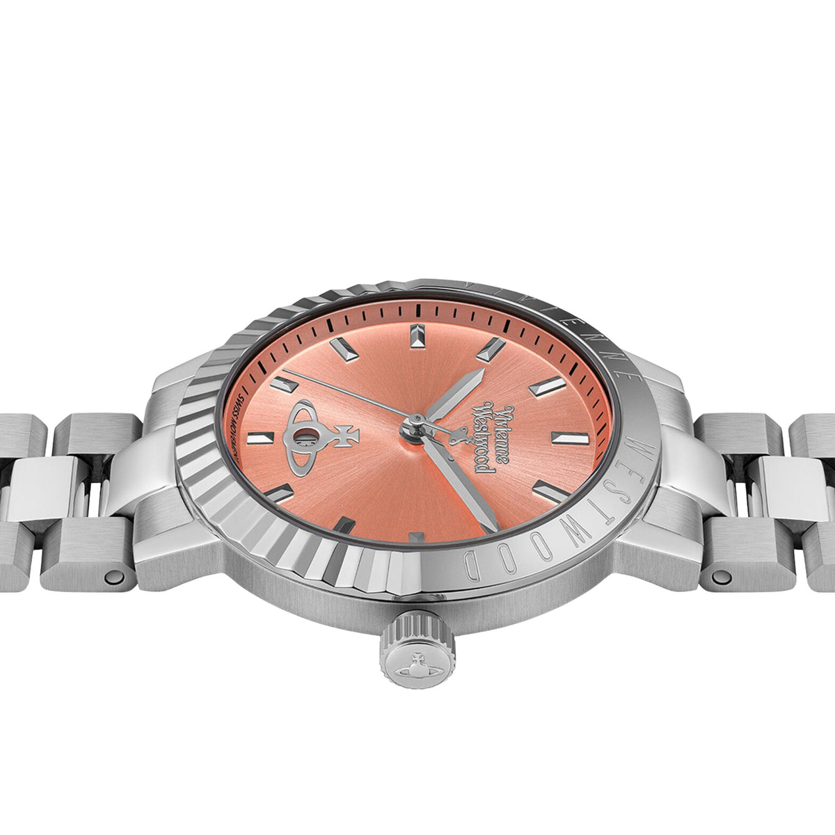 Vivienne Westwood Dulwich VV307COSL fluted bezel and crown side profile view