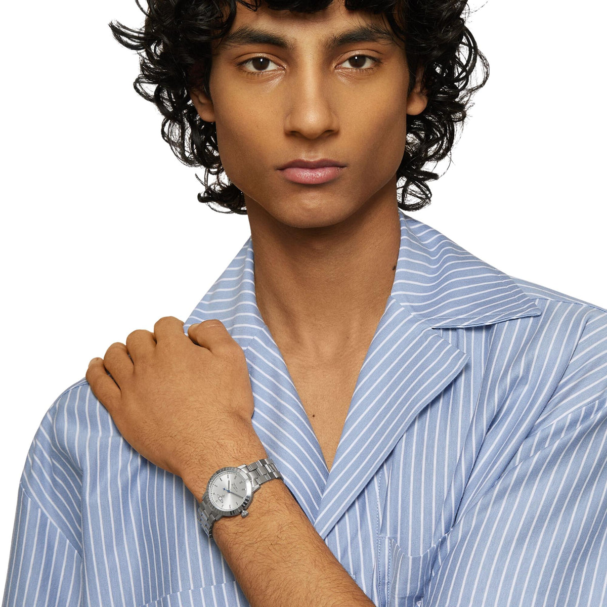 Vivienne Westwood Dulwich VV307SLSL watch worn by model displaying silver dial and steel bracelet