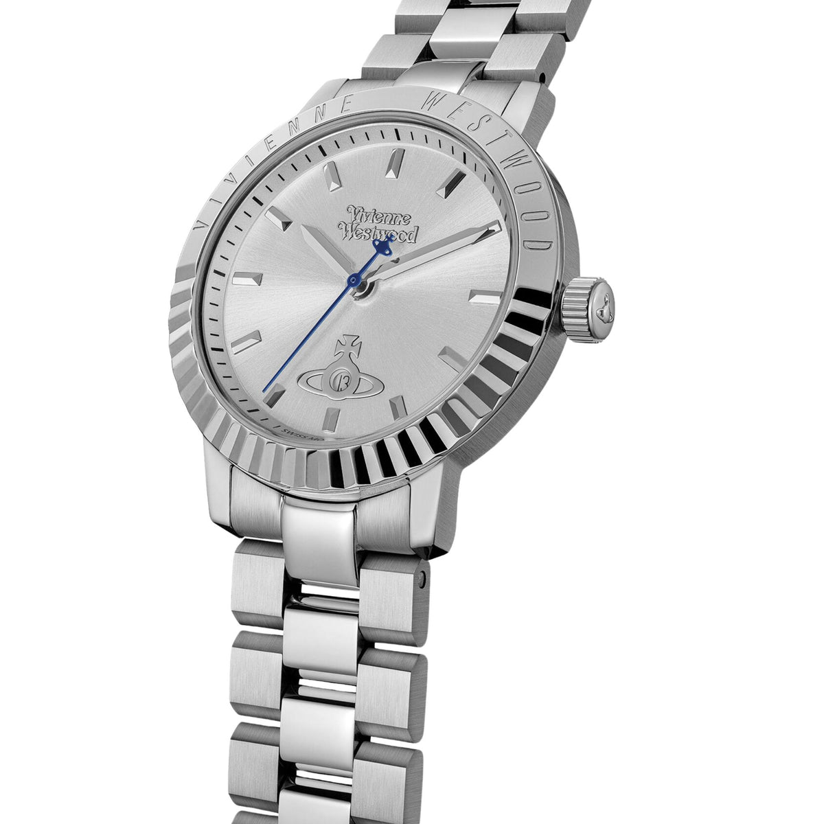 Vivienne Westwood Dulwich VV307SLSL angled view highlighting fluted bezel, blue second hand, and steel strap
