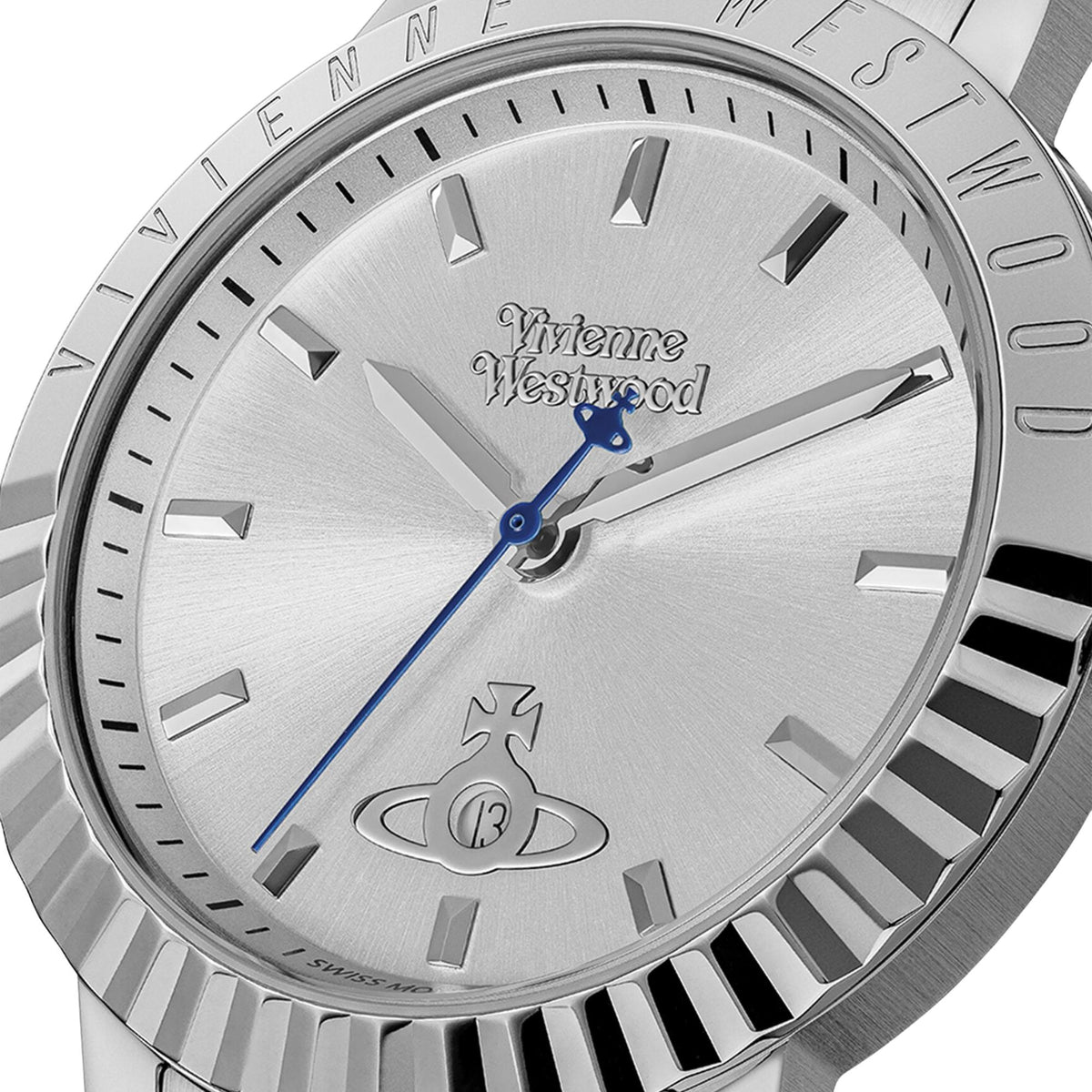 Vivienne Westwood Dulwich VV307SLSL close-up view of silver dial with orb emblem and silver baton hour markers