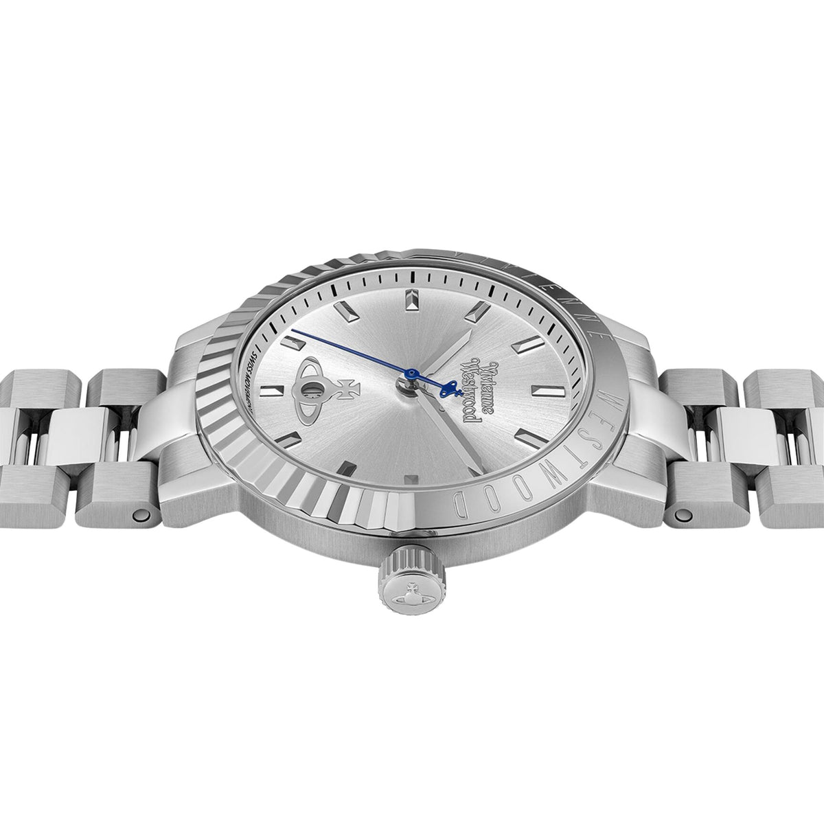 Vivienne Westwood Dulwich VV307SLSL side profile displaying fluted bezel design, crown detail, and steel case