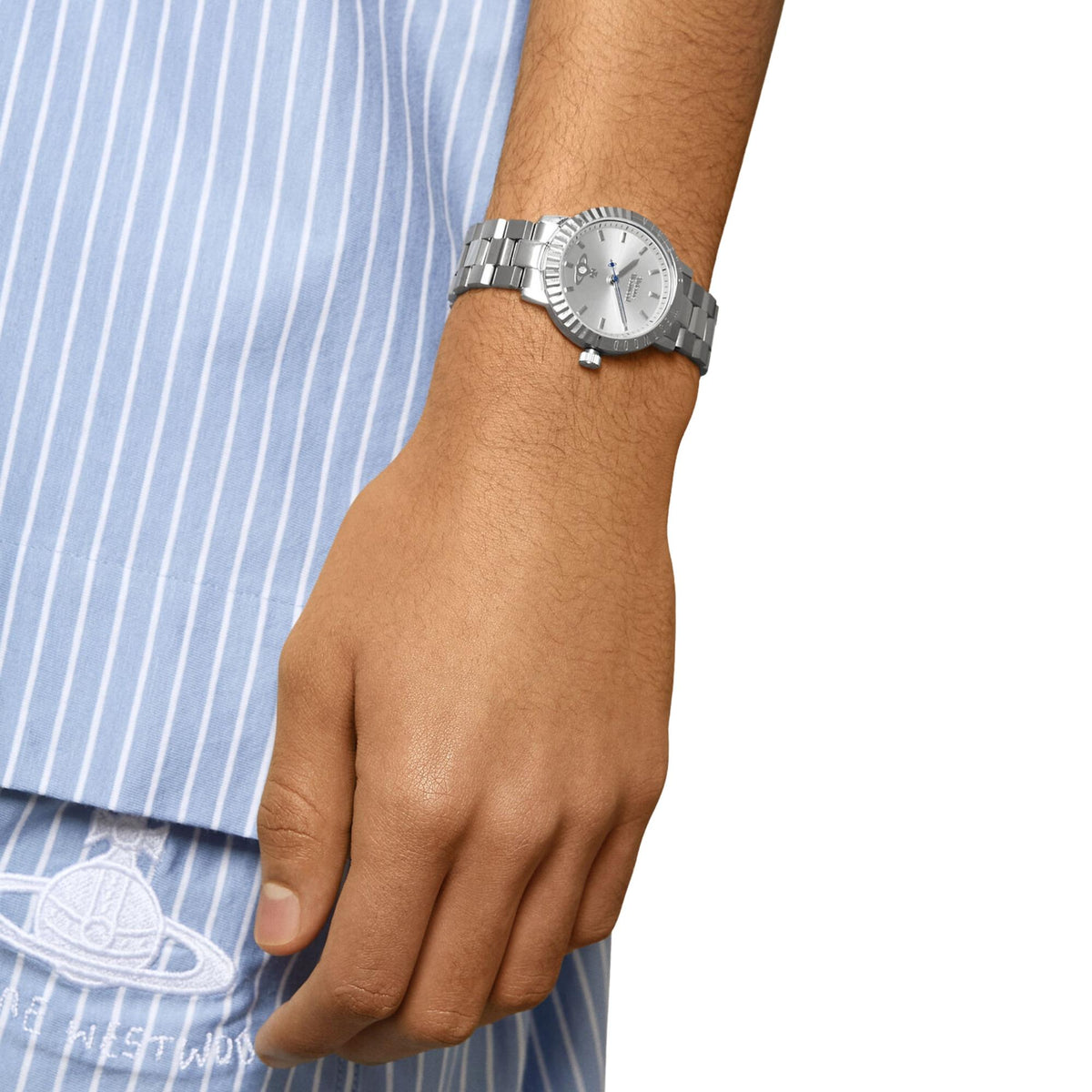 Vivienne Westwood Dulwich VV307SLSL watch worn on wrist showing silver dial with steel case and bracelet
