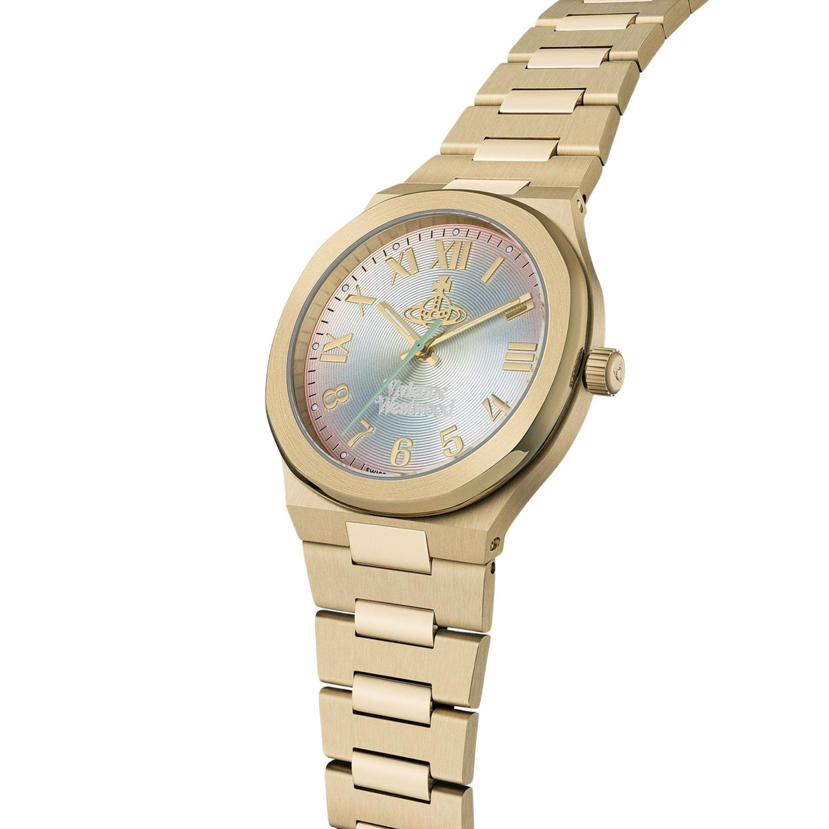 Vivienne Westwood Merton VV318MTGD gold-tone steel case and bracelet side view