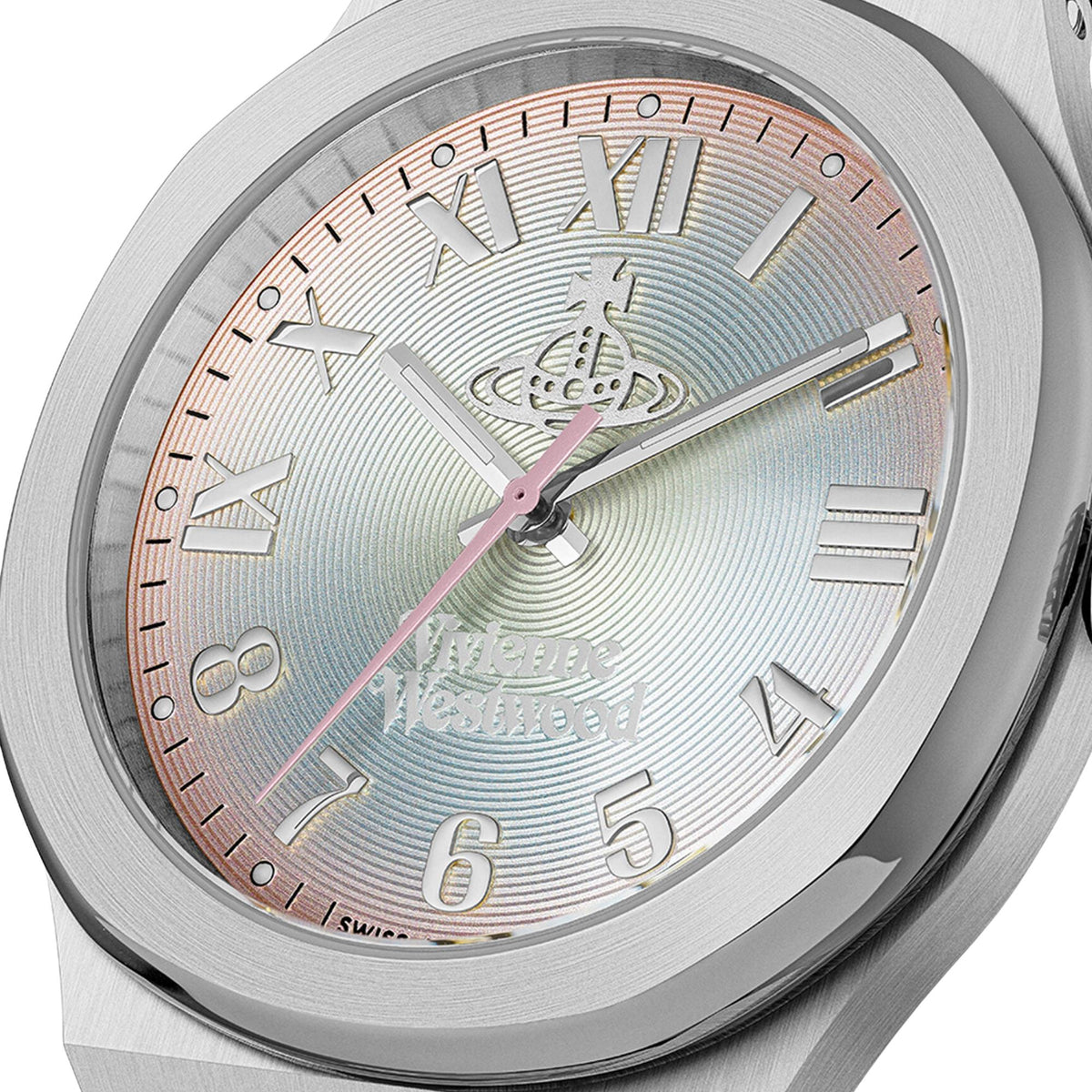 Vivienne Westwood Merton VV318MTSL close-up view of multi-colour dial with orb emblem and mixed numeral hour markers
