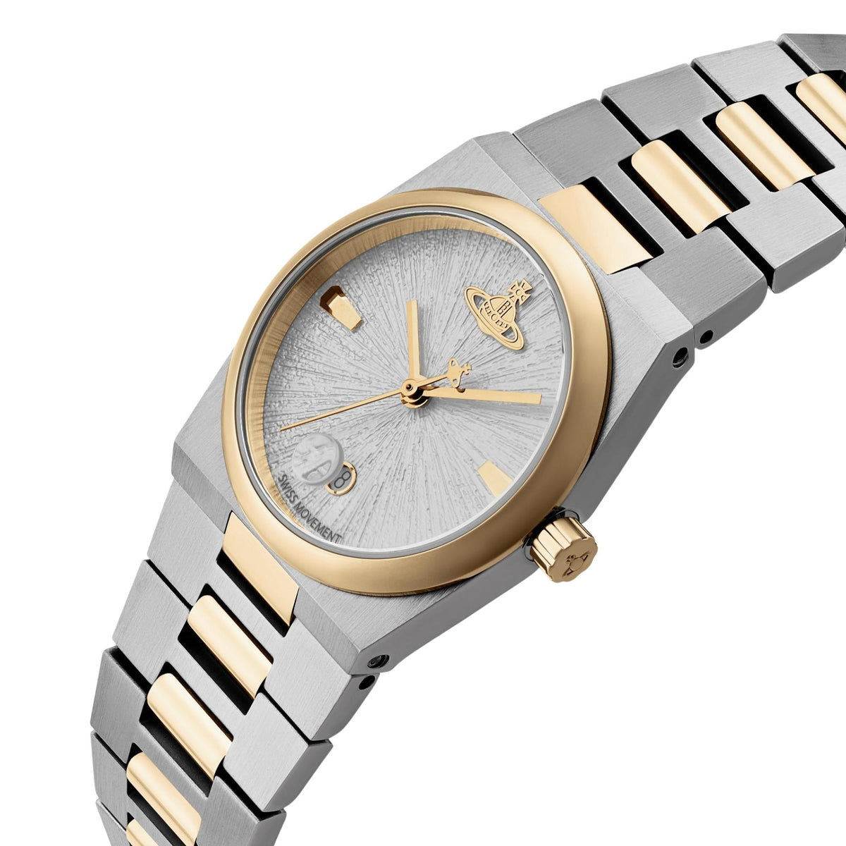 Women's quartz watch with silver-and-gold steel bracelet, silver textured dial and gold bezel