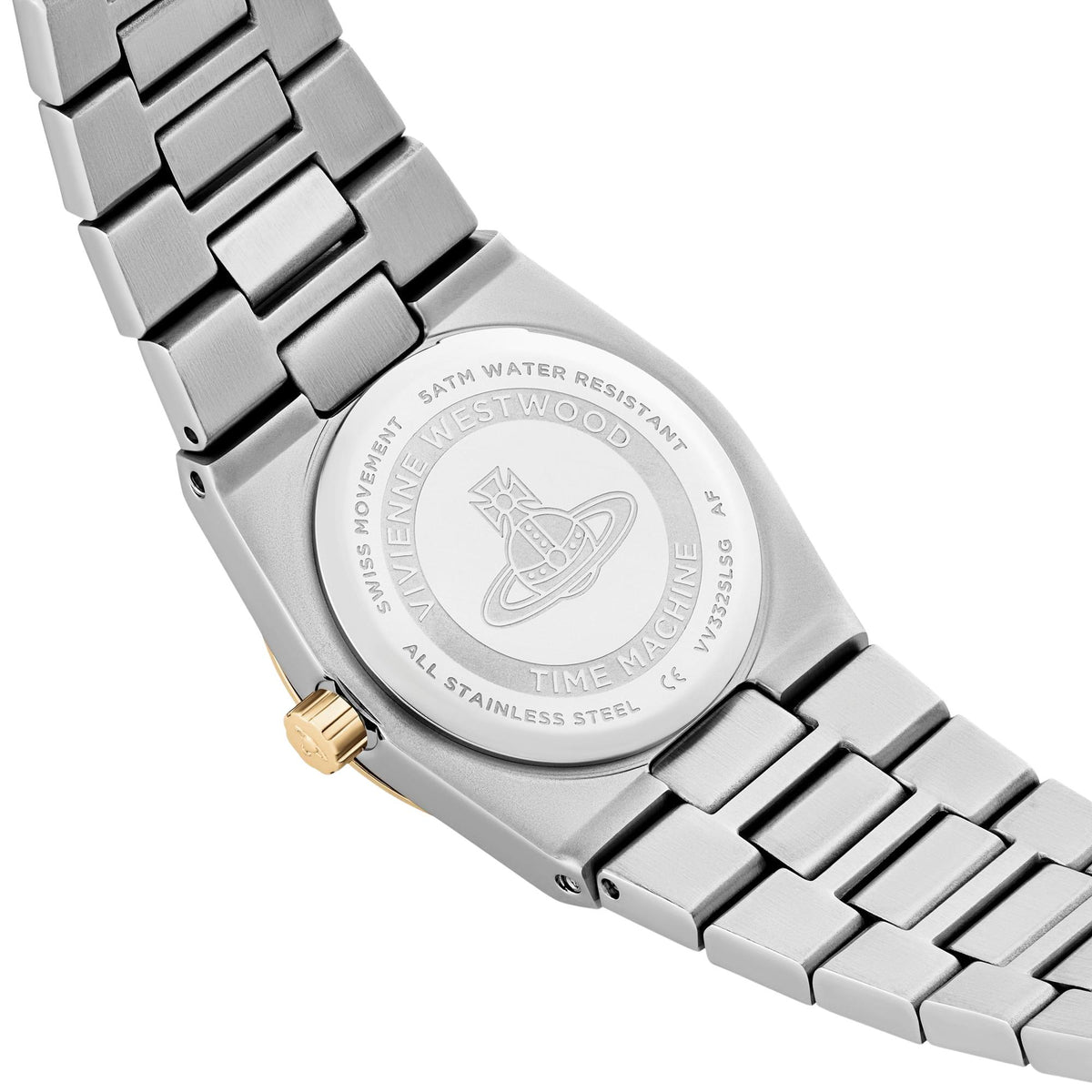 Women's stainless steel watch with engraved case back, silver finish and gold crown