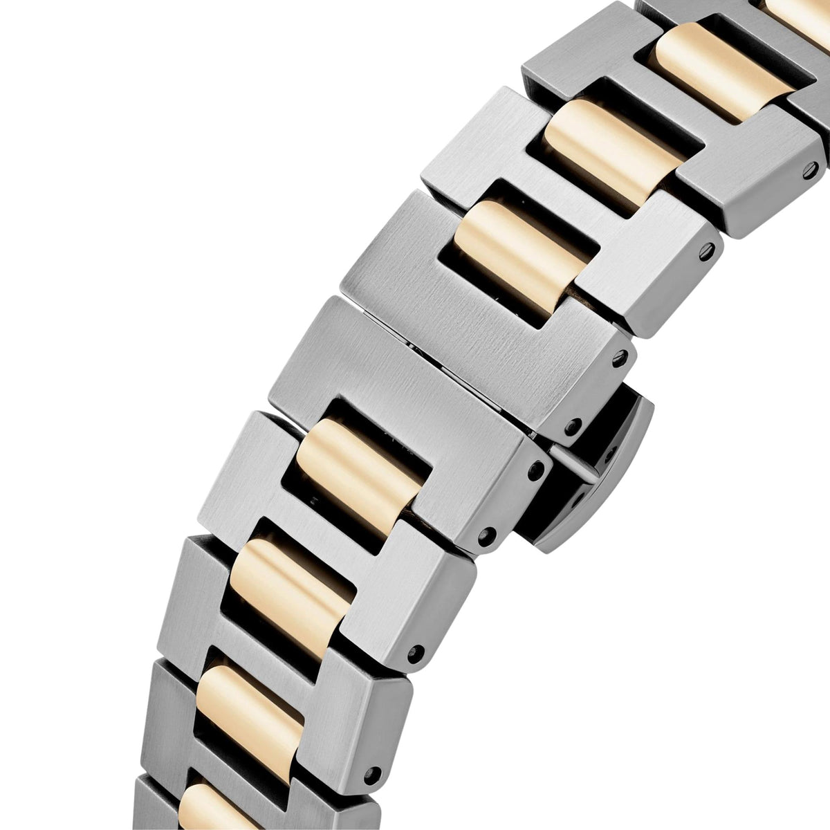 Stainless steel watch bracelet with alternating silver and gold links, foldover clasp