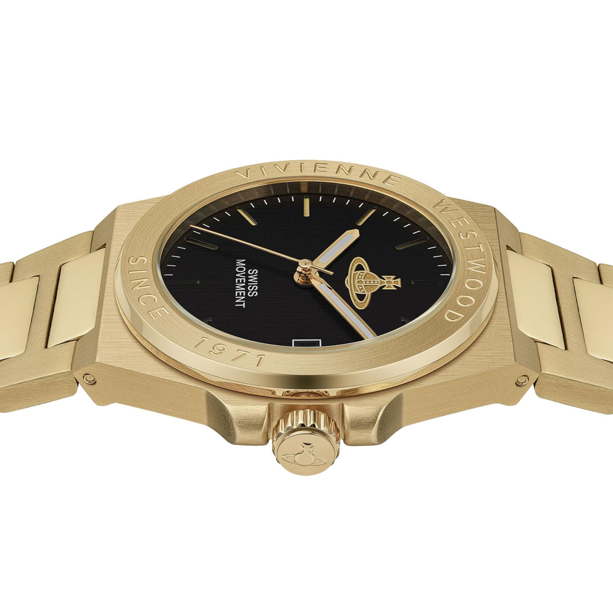 Gold-tone Vivienne Westwood quartz watch case with crown detail and black dial