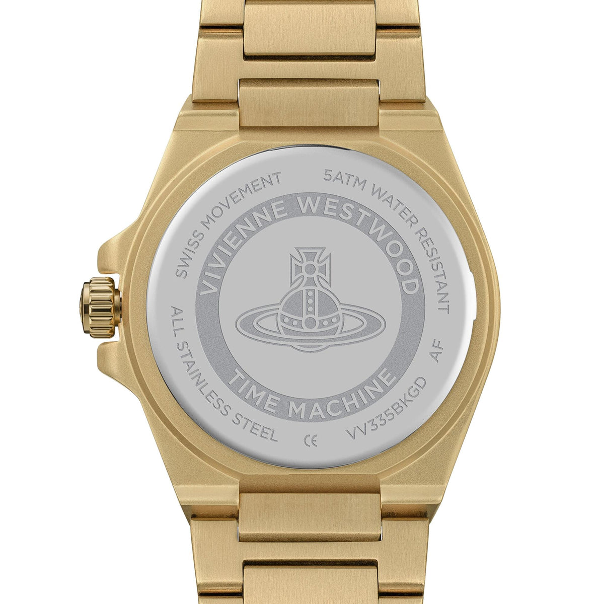 Back of Vivienne Westwood quartz watch on gold-tone steel bracelet with markings