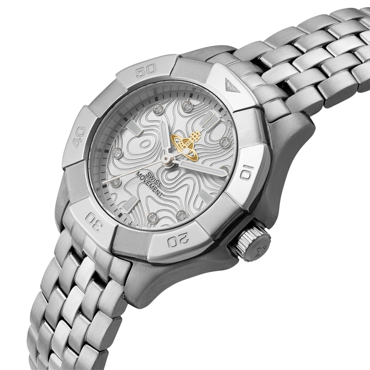Silver-tone wristwatch with patterned dial, bold bezel numbers, and metal bracelet