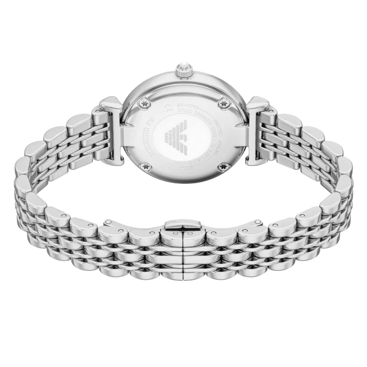 Stainless steel watch with bracelet and round case back, polished finish