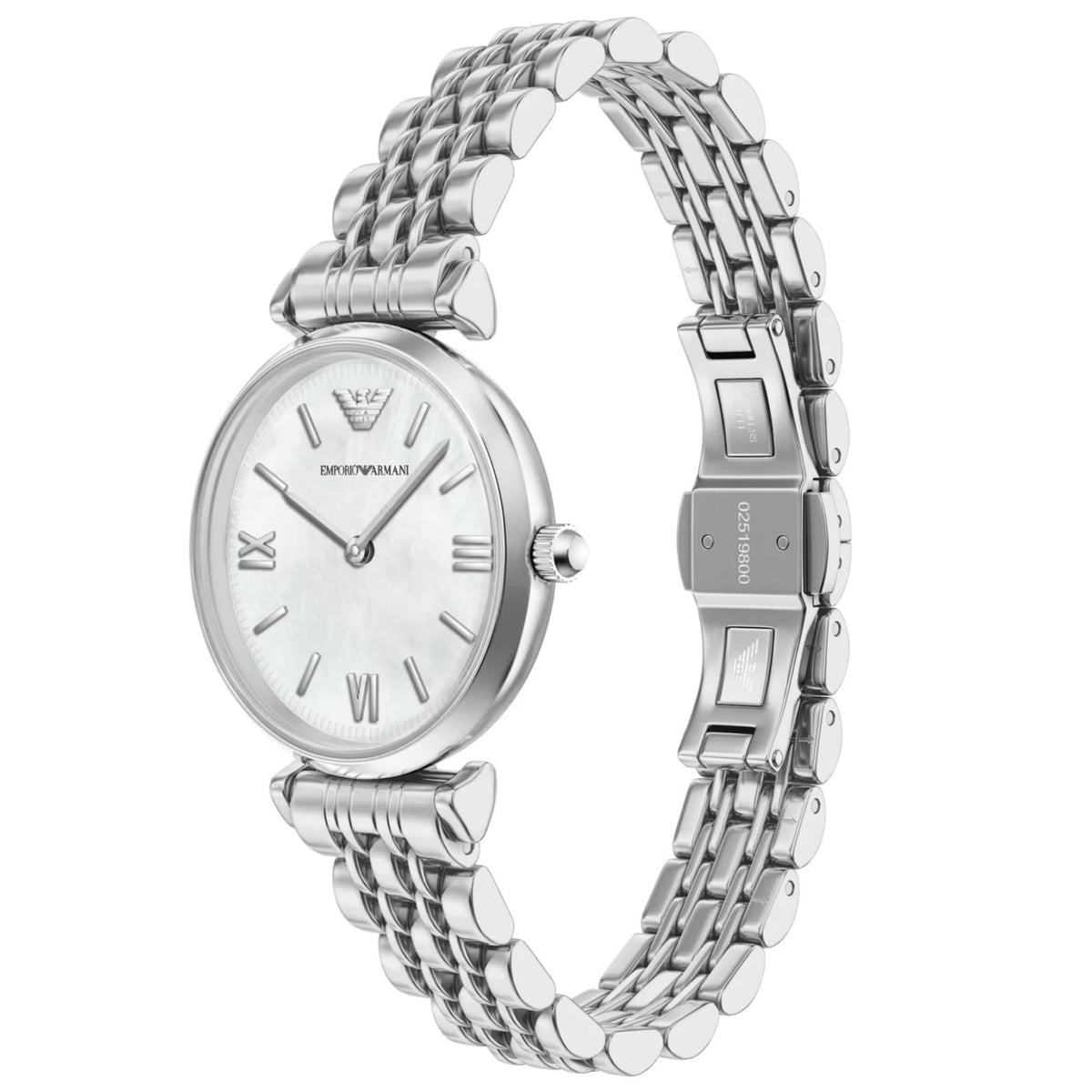 Stainless steel ladies quartz watch with white mother-of-pearl dial, angled view
