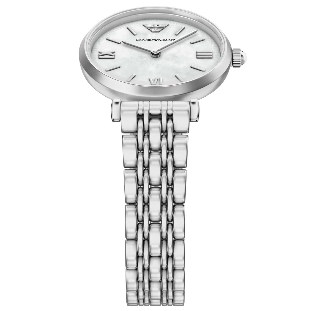 Round stainless steel ladies watch with white mother-of-pearl dial and Roman numerals