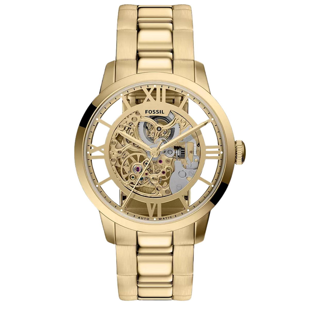 Gold skeleton dial steel men's quartz watch with linked bracelet and round crown