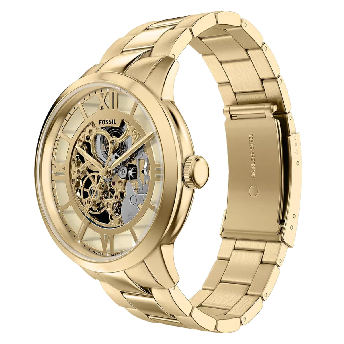 Gold skeleton dial steel watch with curved case and metal link bracelet, round crown
