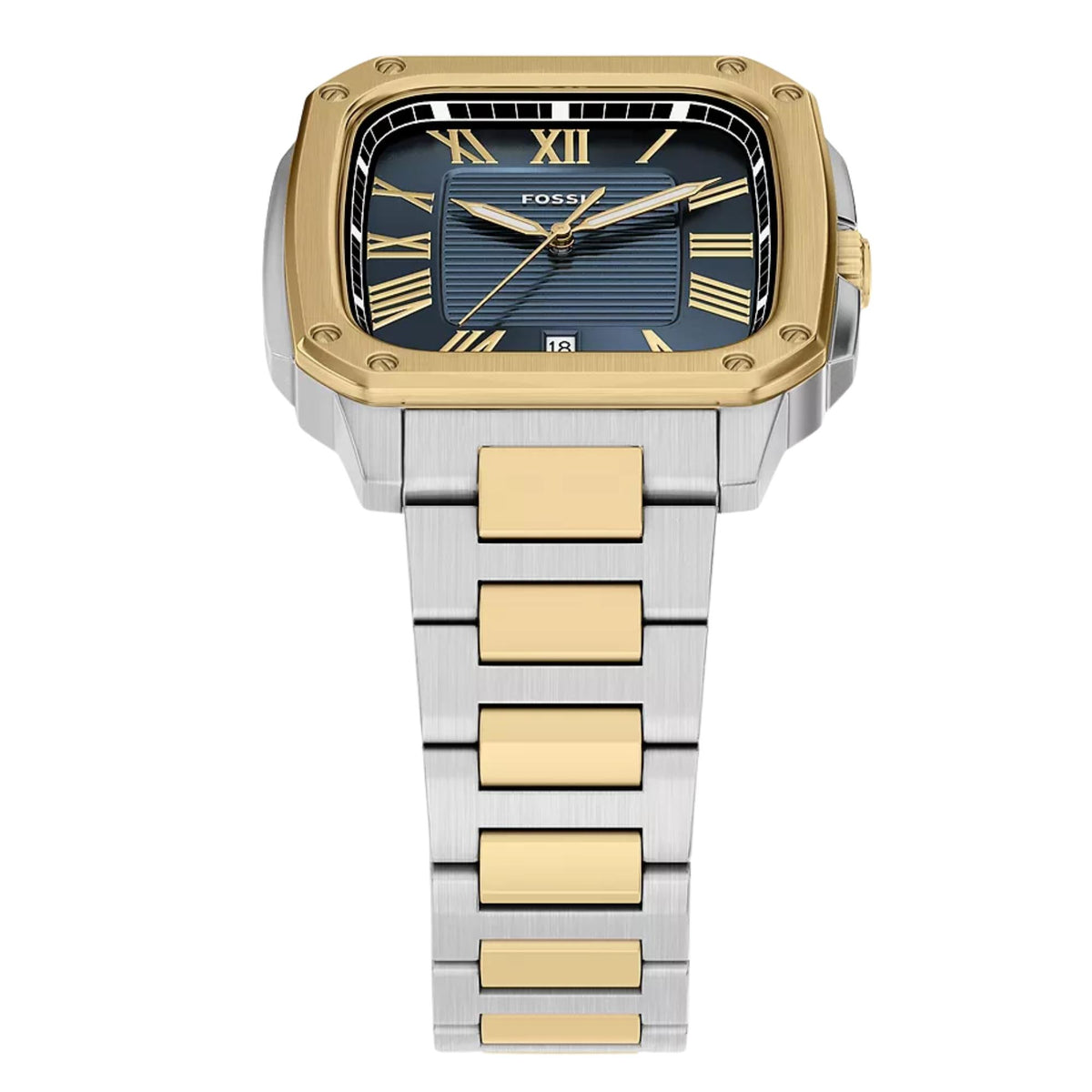 Front view of the Fossil Crosby FS6161 mens watch angled downward, highlighting the square blue dial and gold-tone bezel details