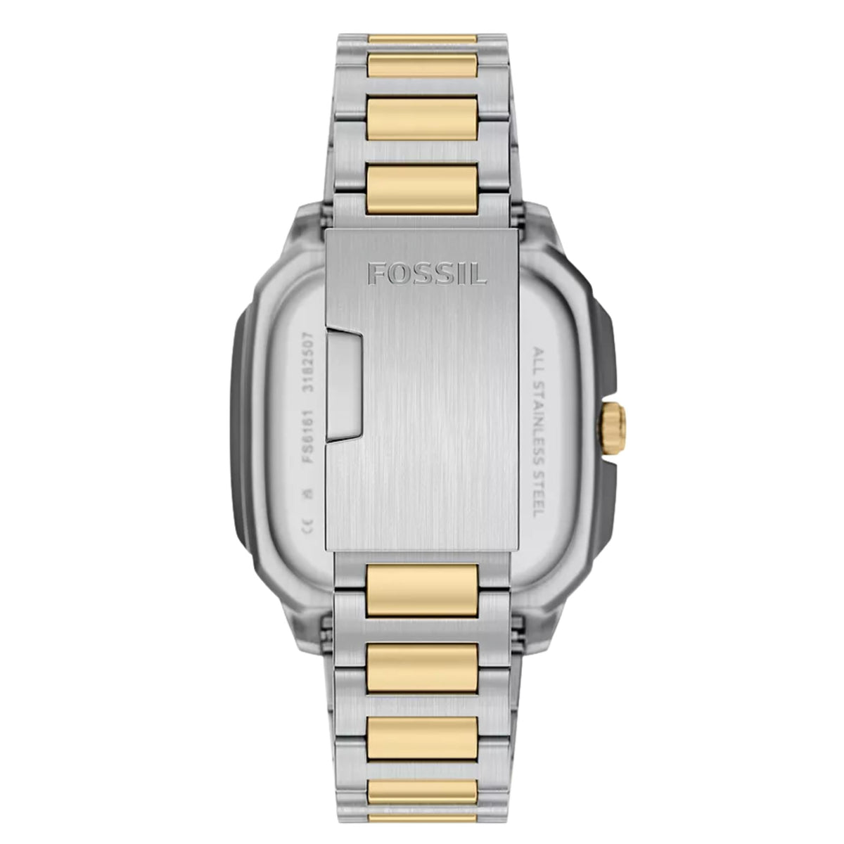 Reverse view of the Fossil Crosby FS6161 watch highlighting the engraved branding on the two-tone stainless steel bracelet clasp