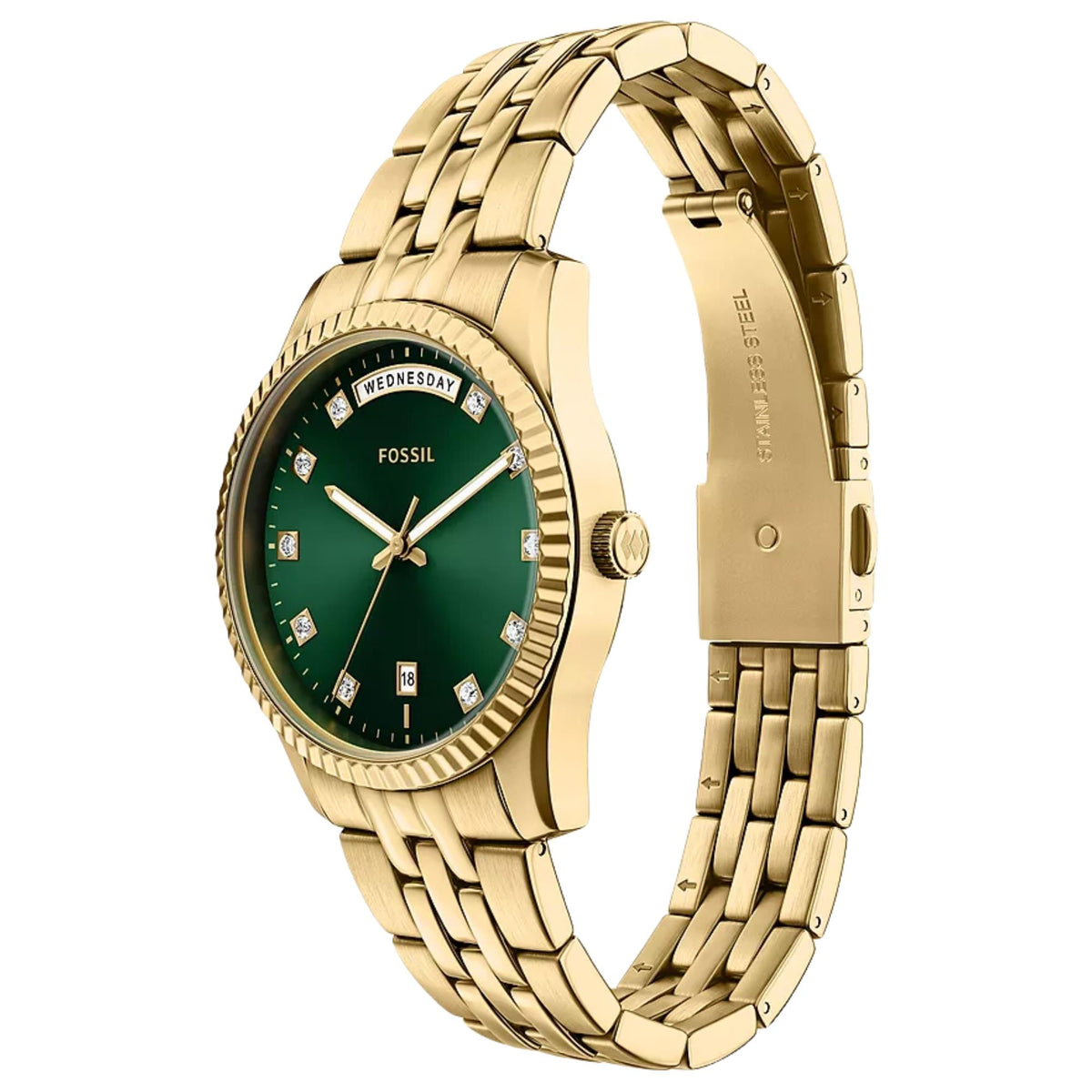 Three-quarter perspective of the Fossil Scarlette ES5460 watch featuring a green dial, fluted bezel, and gold-tone steel bracelet