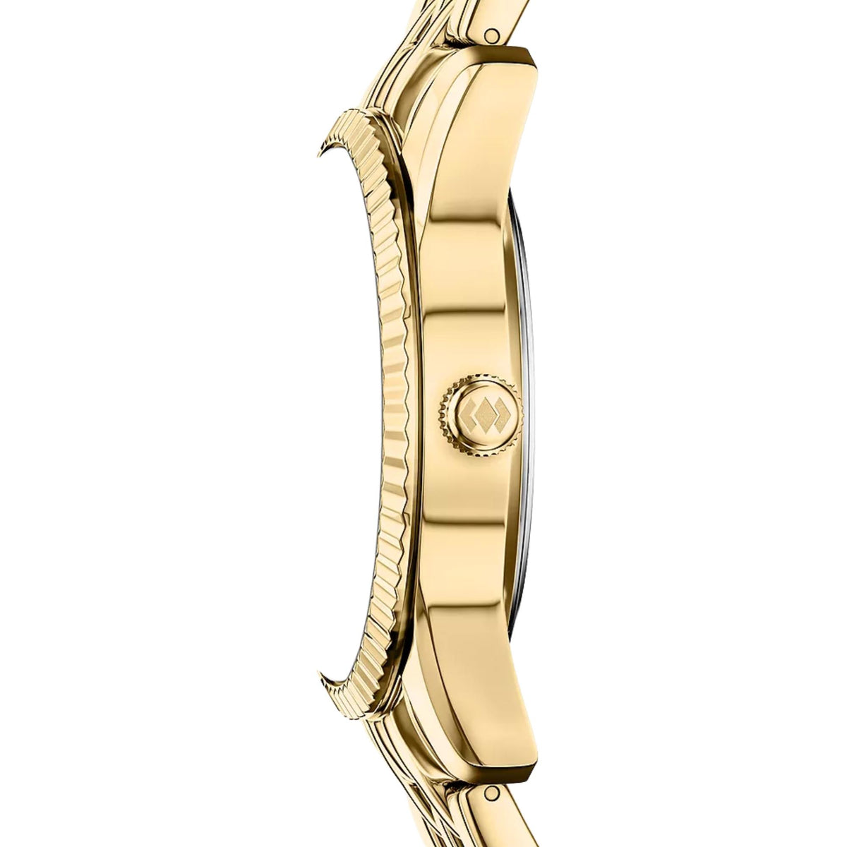 Profile side view of the Fossil Scarlette ES5460 quartz watch showing the slim gold-tone case and textured crown