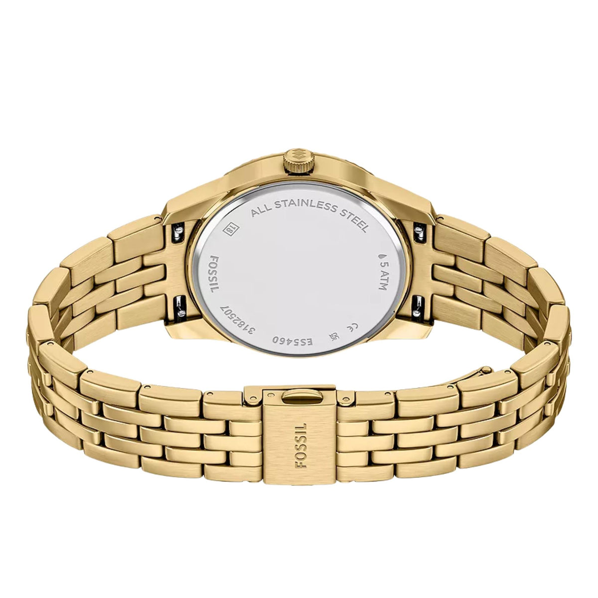 Rear angle view of the Fossil Scarlette ES5460 wrist watch displaying the case back and open gold-tone link bracelet