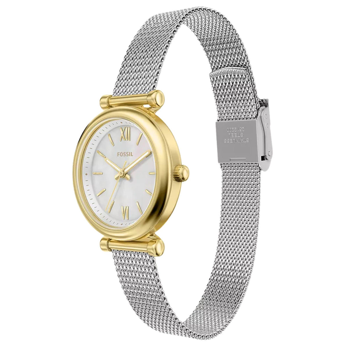 Fossil steel quartz watch with white dial and gold-tone bezel, shown on a silver mesh bracelet