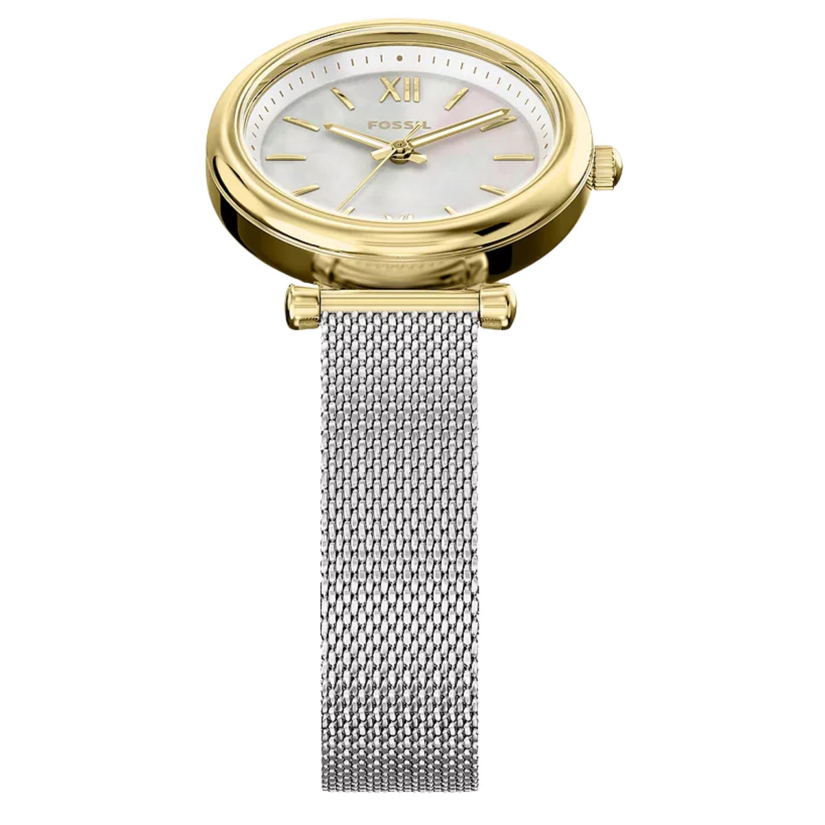 Fossil ladies quartz watch with white mother-of-pearl dial, Roman numerals, and silver mesh strap