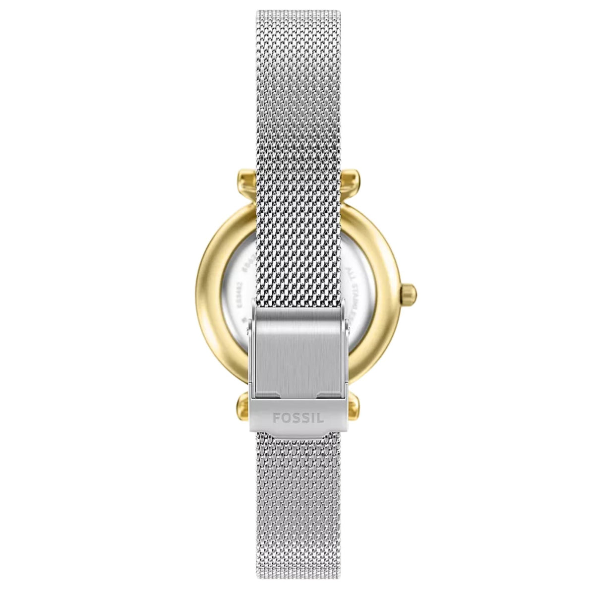 Fossil quartz watch case back with silver mesh bracelet and gold-tone bezel accents