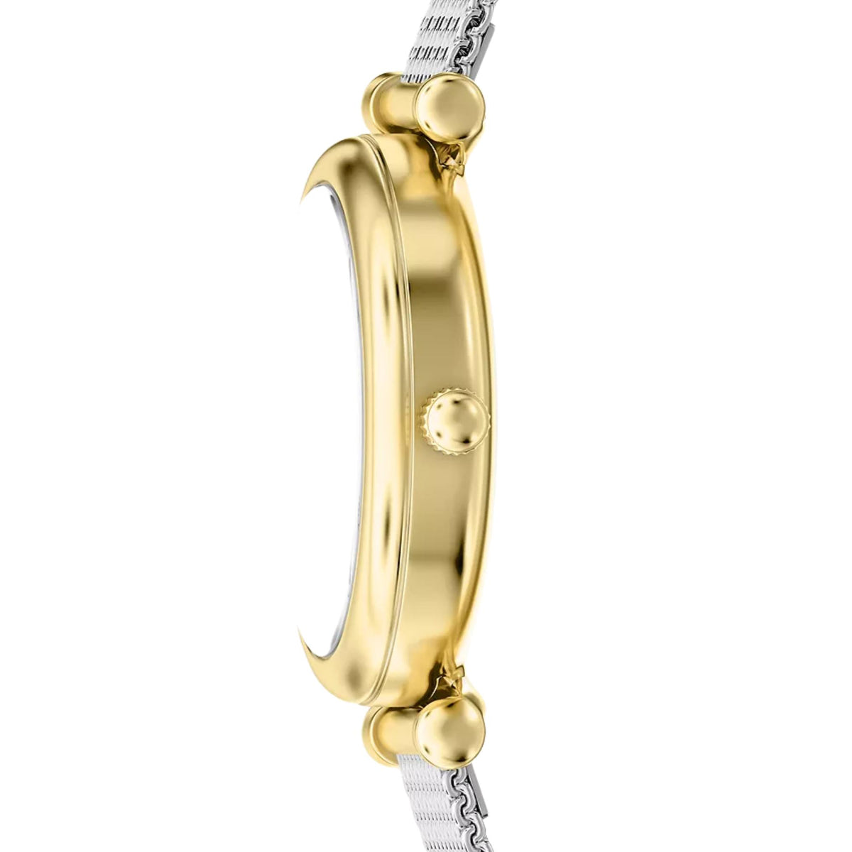 Fossil quartz ladies watch side profile with gold-tone case and silver mesh strap