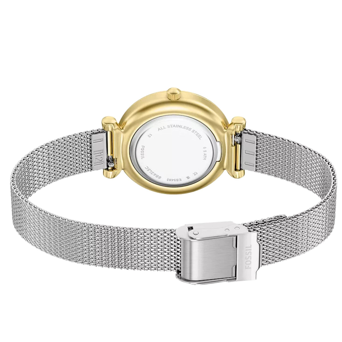 Fossil quartz ladies watch with silver mesh bracelet and metal clasp, gold-tone case and dial