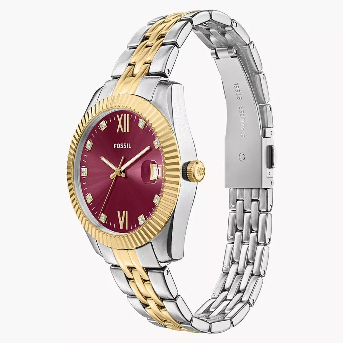 Two-tone stainless steel quartz watch with pink dial and gold bezel, side crown detail