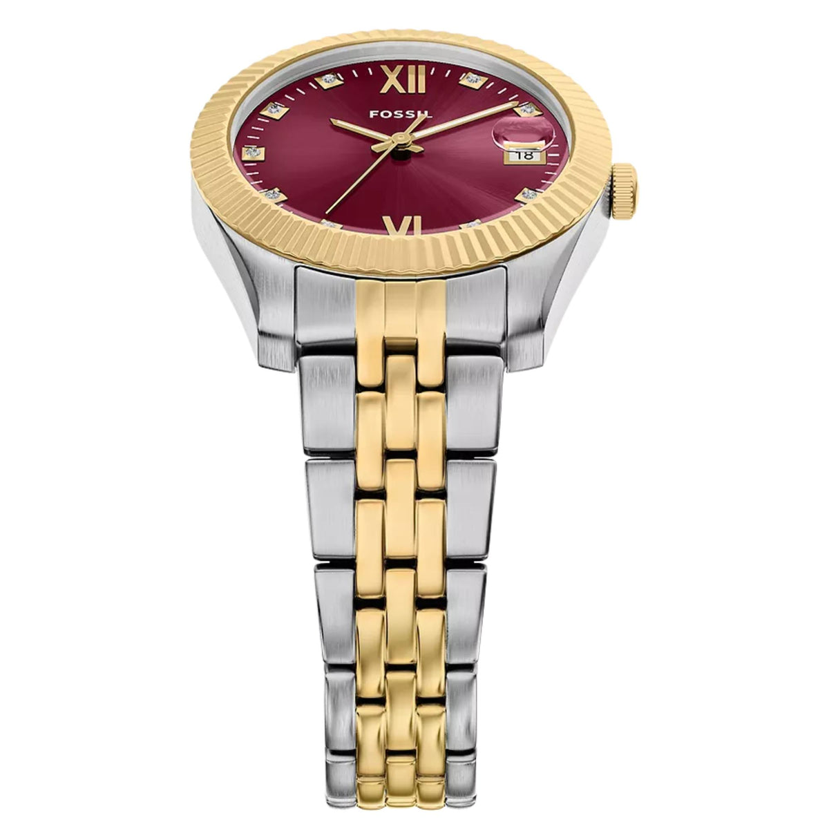 Two-tone stainless steel watch with pink dial, gold-tone bezel, Roman numerals, date window