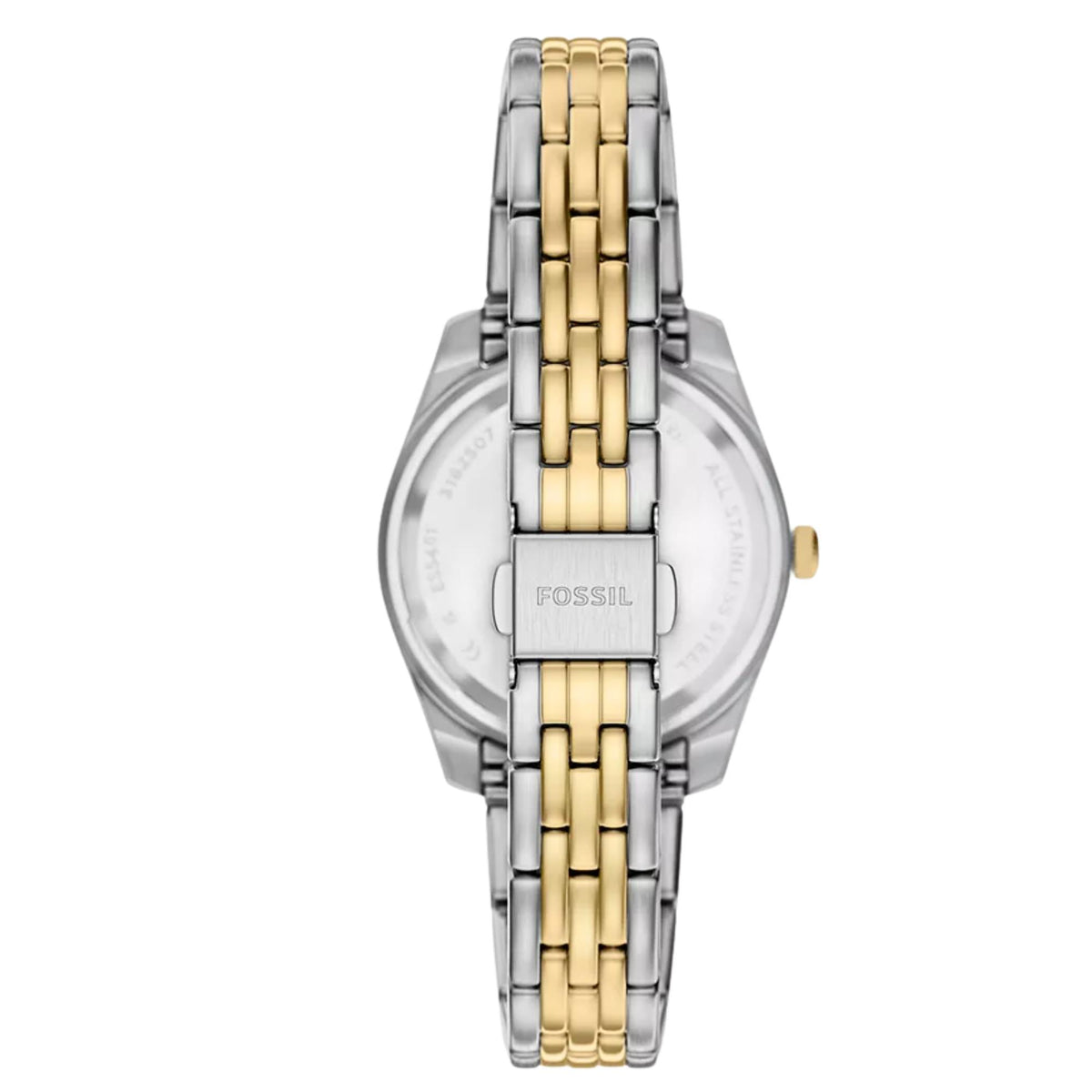 Two-tone stainless steel quartz watch back view with clasp and gold center bracelet links