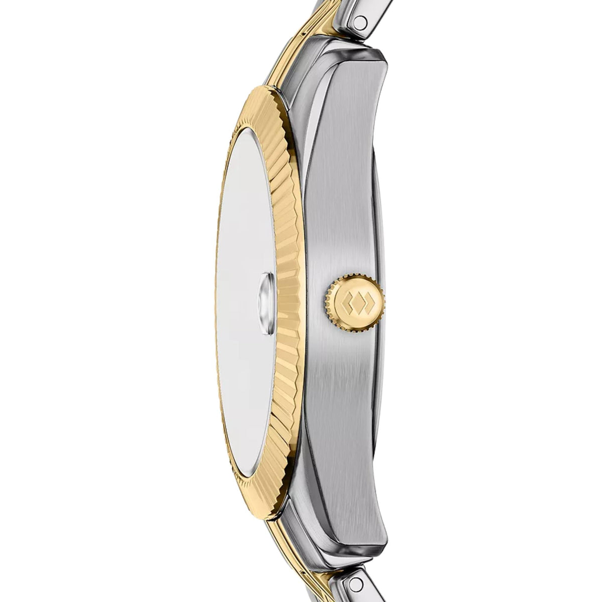 Two-tone stainless steel watch case side with gold accent bezel and crown