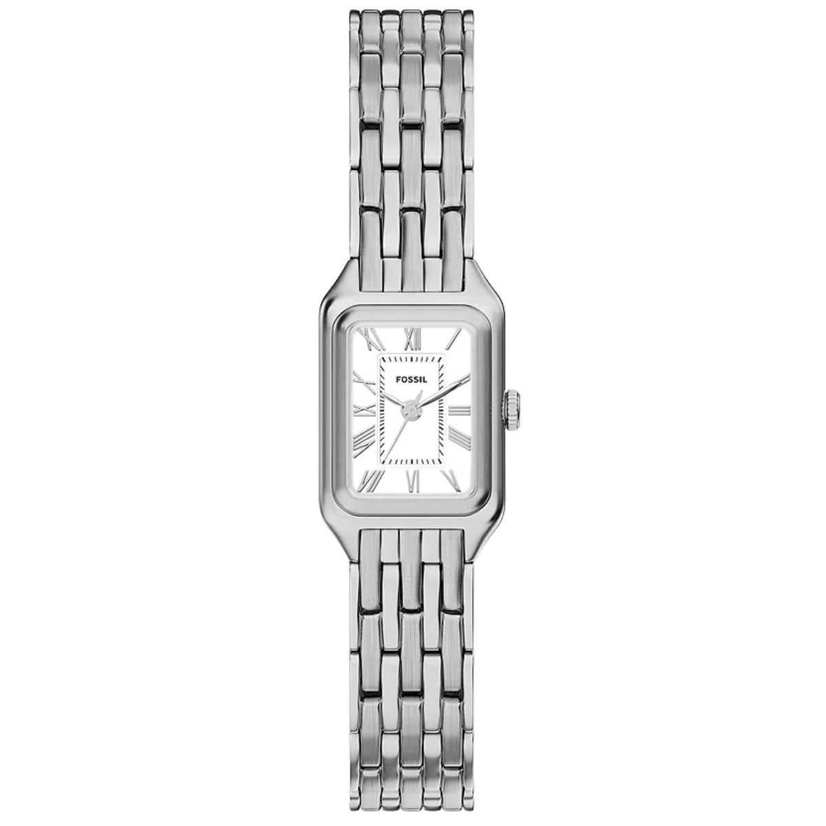 Fossil Raquel ES5469 ladies quartz watch featuring a rectangular white dial, Roman numeral hour markers, and a stainless steel link bracelet