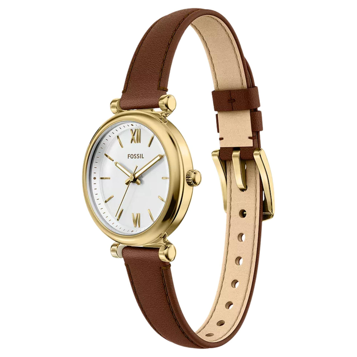 Fossil Carlie Mini ES5464 angled view showcasing white dial with hour markers and leather strap buckle