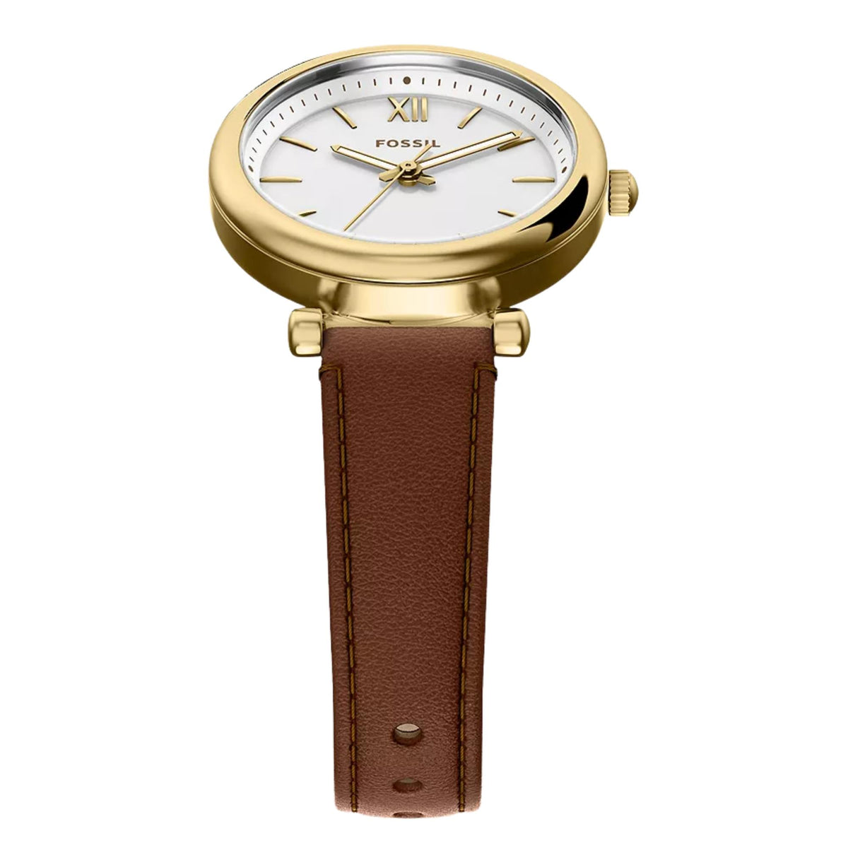 Fossil Carlie Mini ES5464 elevated view highlighting white dial with gold tone bezel and leather strap