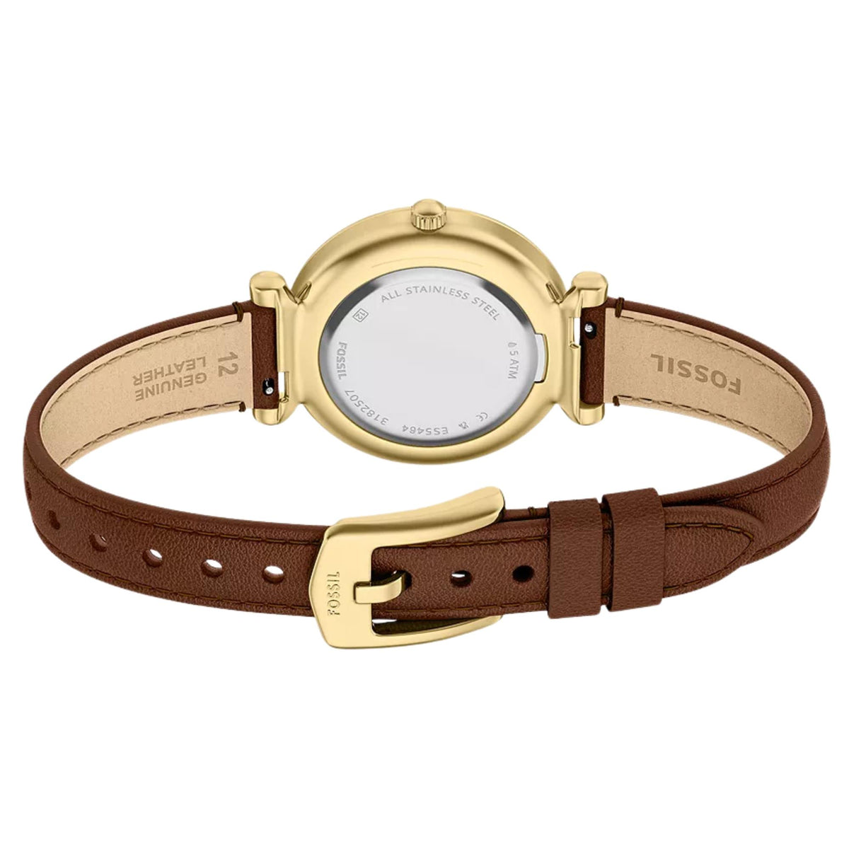 Fossil Carlie Mini ES5464 back perspective view displaying stainless steel case back and open leather strap