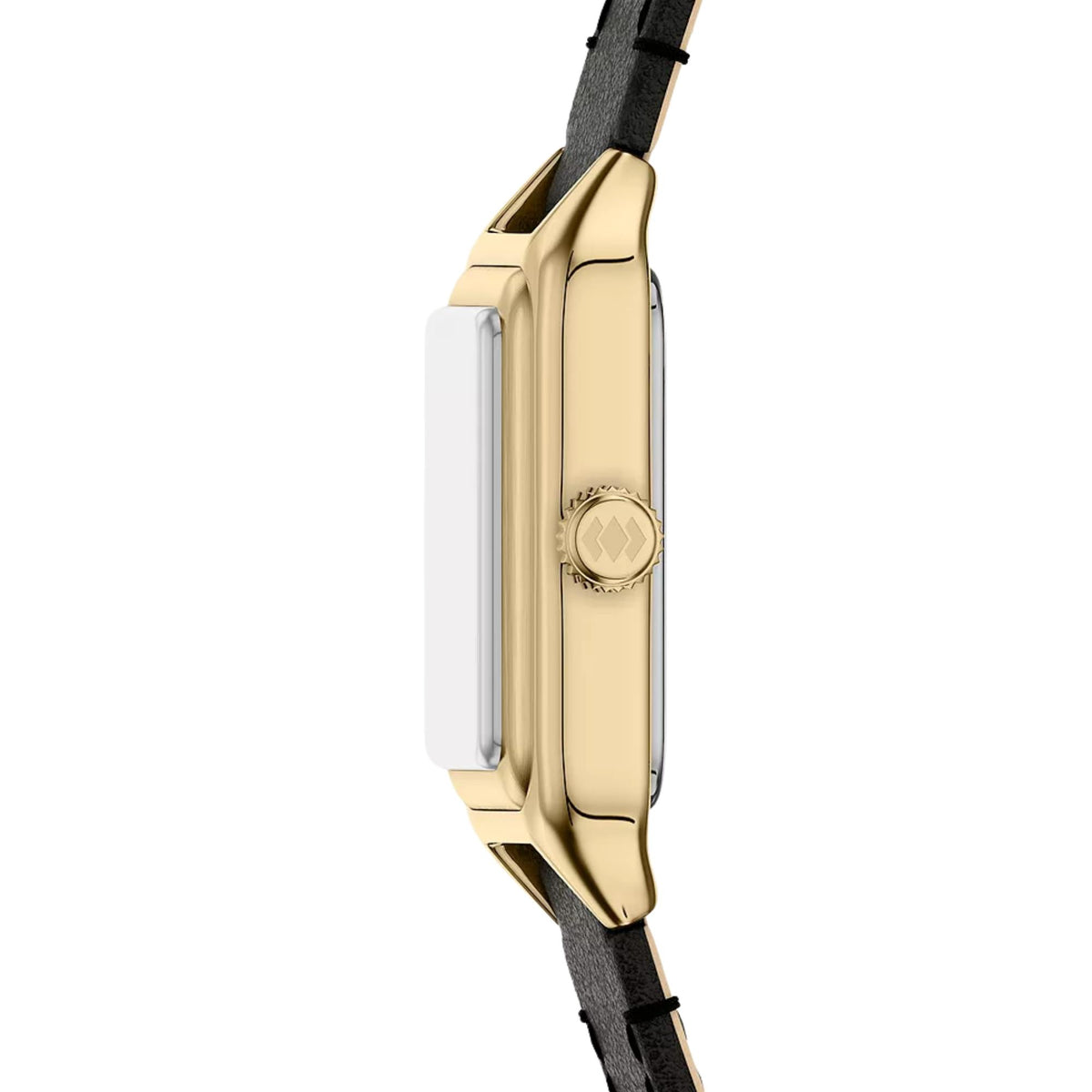 Profile shot of Fossil Raquel ES5470 ladies timepiece focusing on the gold-tone case side and textured adjustment crown