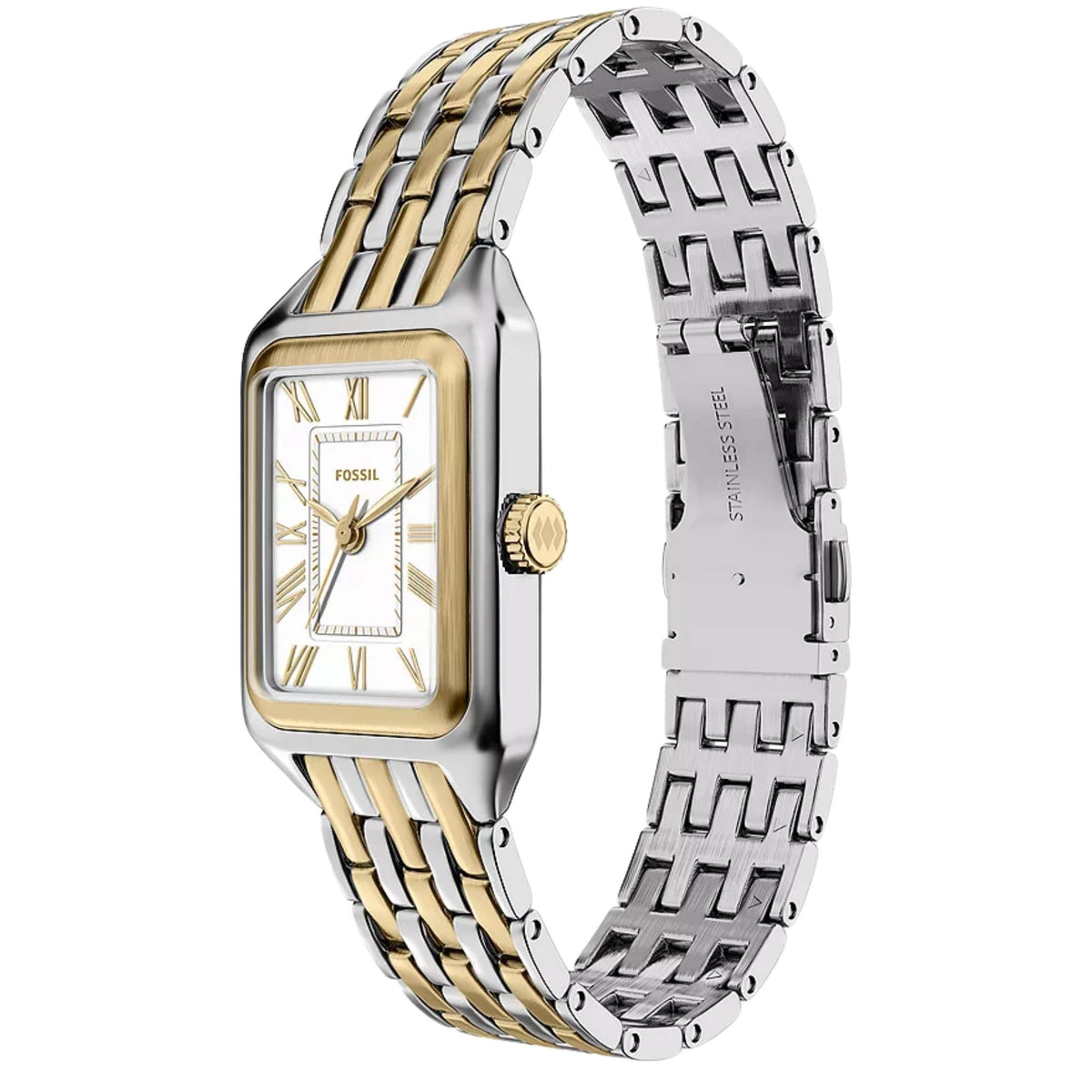 Angled perspective of the Fossil Raquel ES5468 watch highlighting the white dial with Roman numerals, textured crown, and two-colour bracelet links