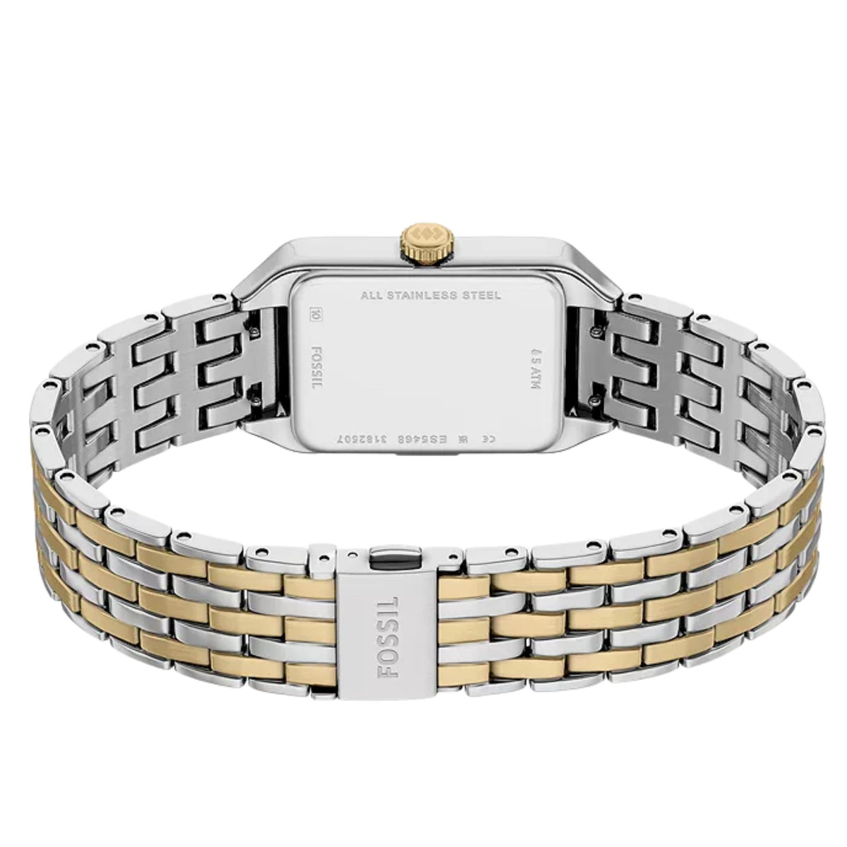 Rear view of the Fossil Raquel ES5468 wrist watch showing the open two-tone bracelet band, case back, and signed folding clasp