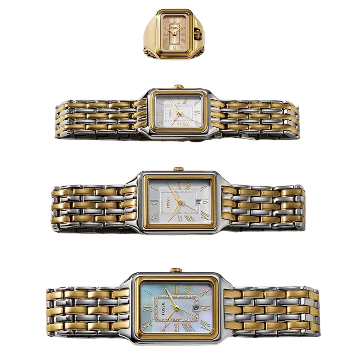 Size comparison layout showing the Fossil Raquel ES5468 white dial watch alongside matching two-tone collection timepieces and a ring watch.