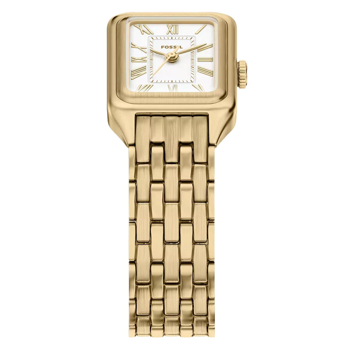 Angled top view of Fossil Raquel ES5467 emphasizing the rectangular gold-tone case, white dial, and metallic bracelet links