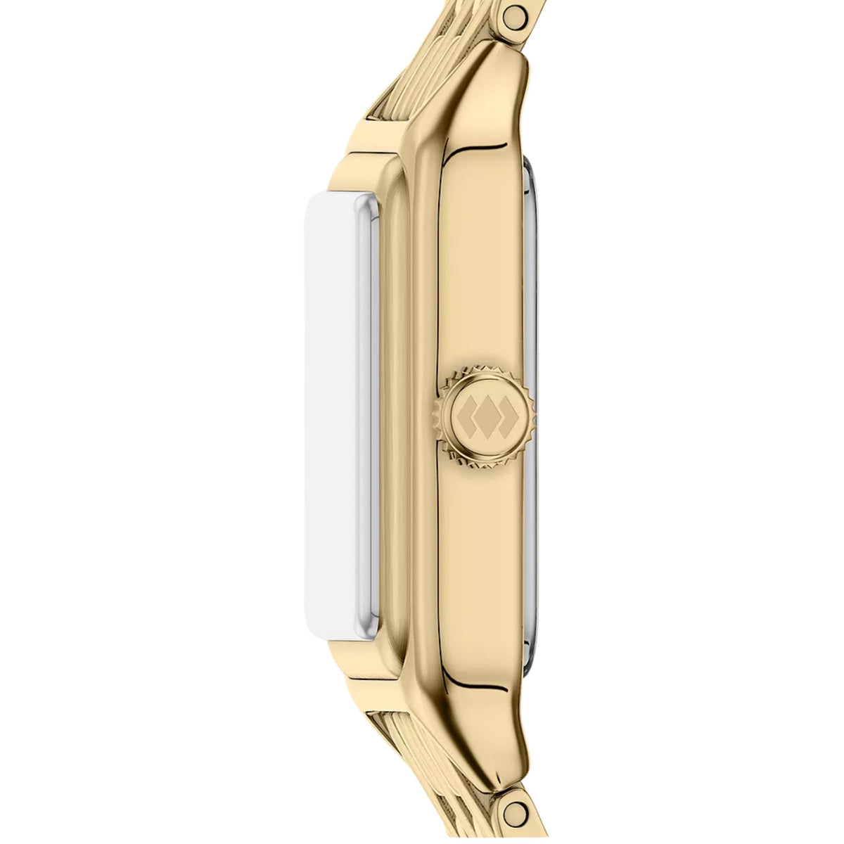 Profile shot of Fossil Raquel ES5467 ladies timepiece focusing on the gold-tone case side and textured adjustment crown