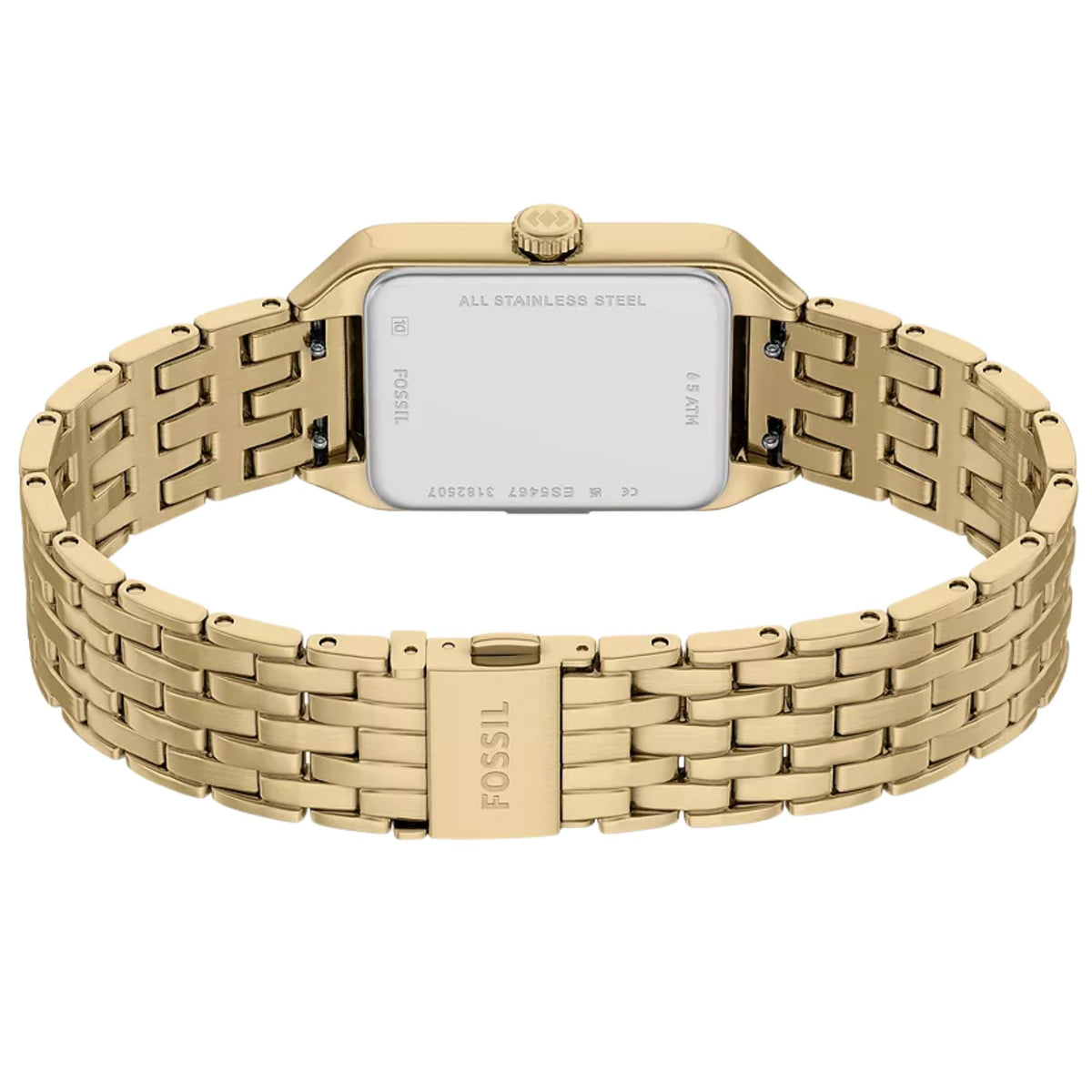 Interior view of Fossil Raquel ES5467 displaying the engraved deployment clasp, gold-tone bracelet, and stainless steel case back