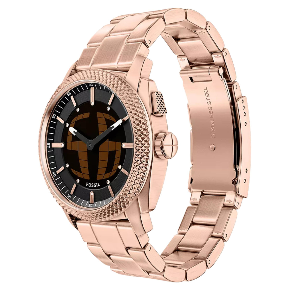 Rose-gold digital-analogue watch with black dial, textured bezel, and steel bracelet
