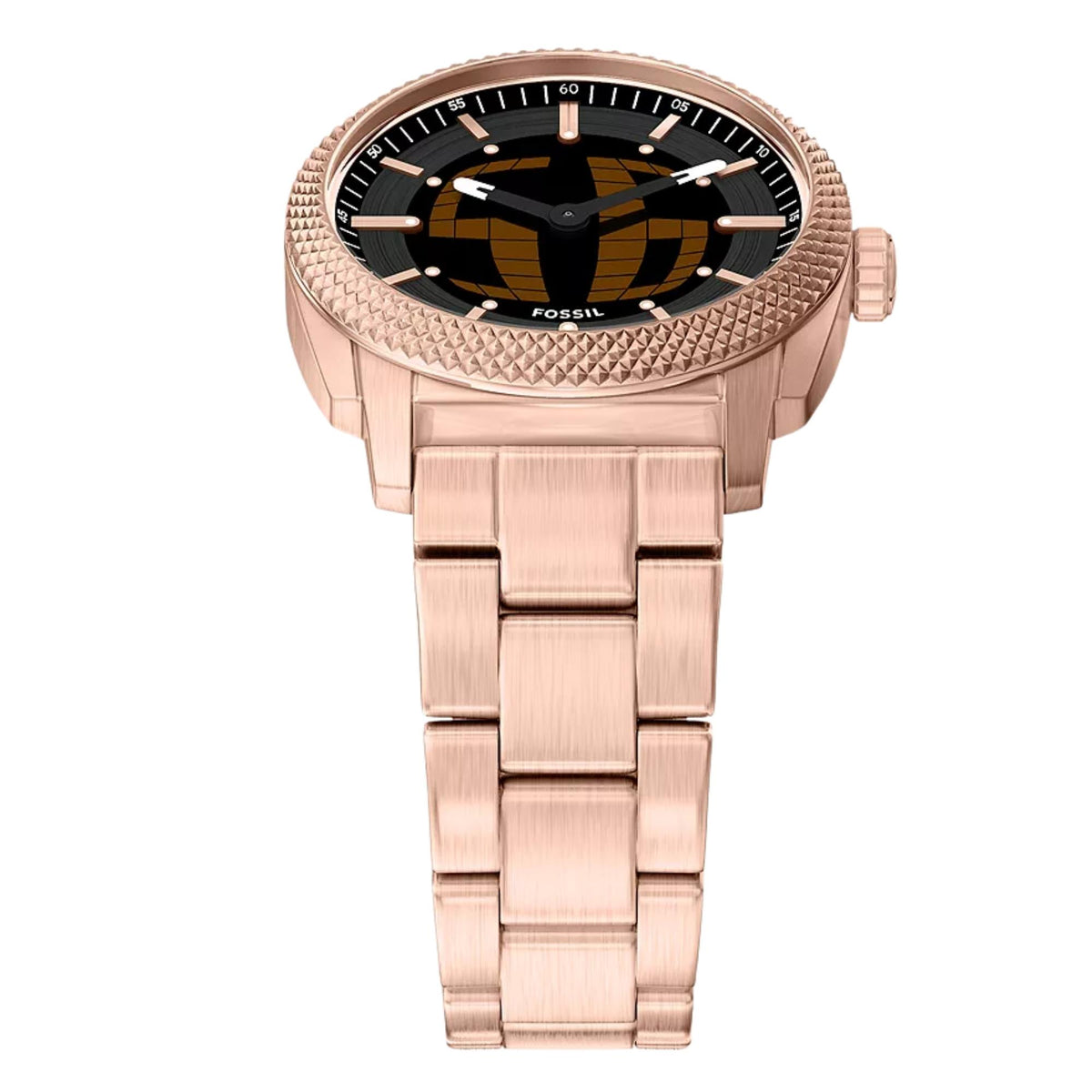 Rose-gold steel watch front view with black dial, gold stripe pattern, and hands