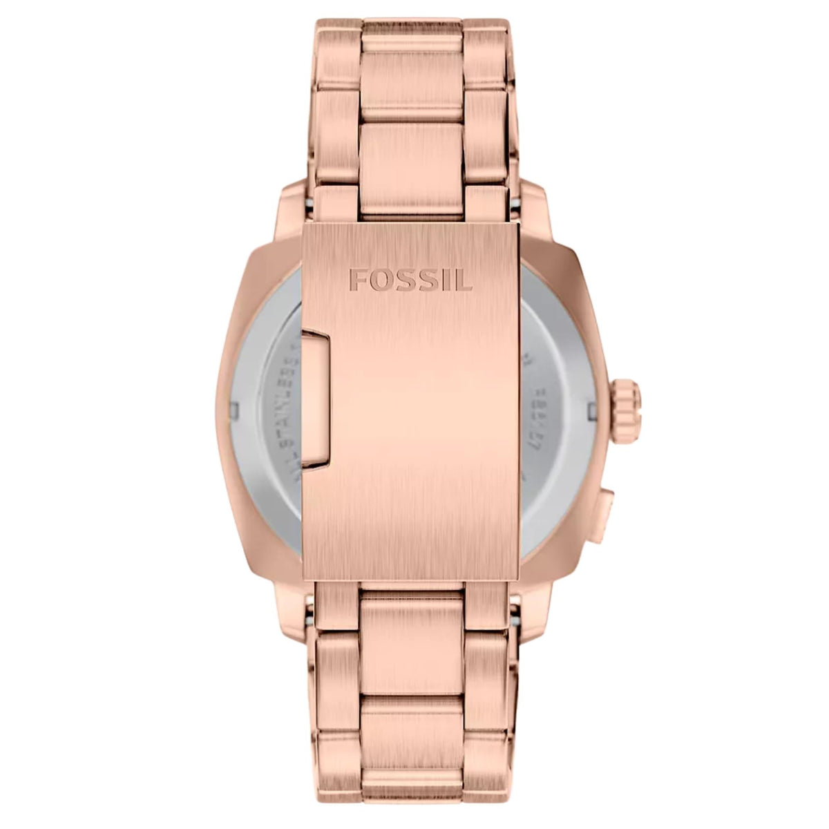 Rose-gold stainless steel watch case back with engraved branding on metal