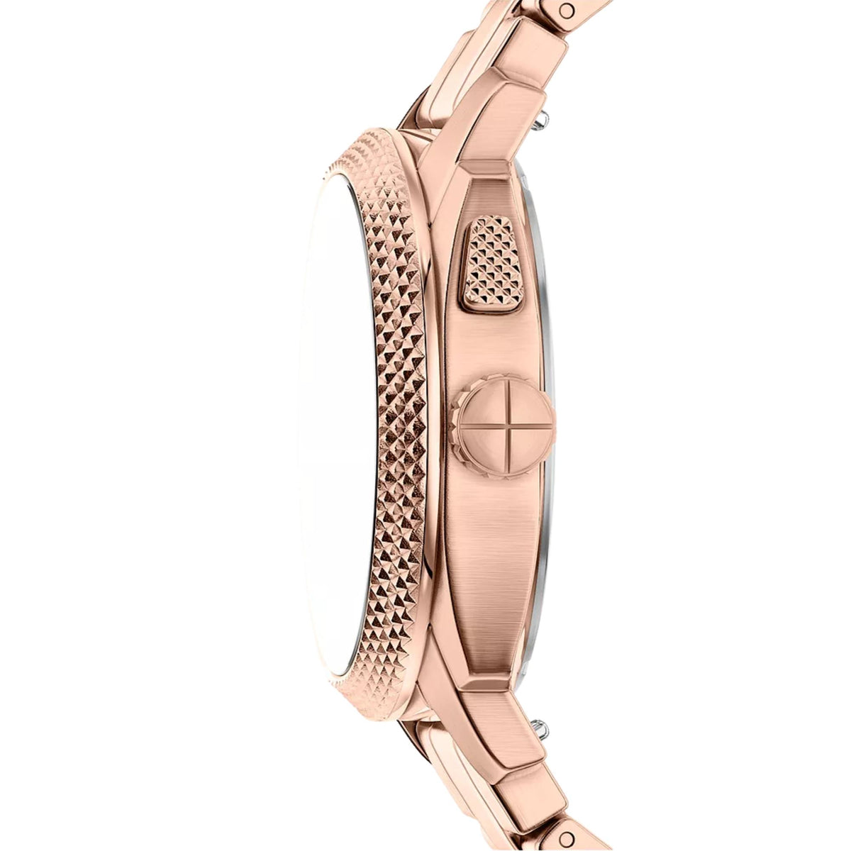 Rose-gold watch side profile with textured bezel detail and metal pushers