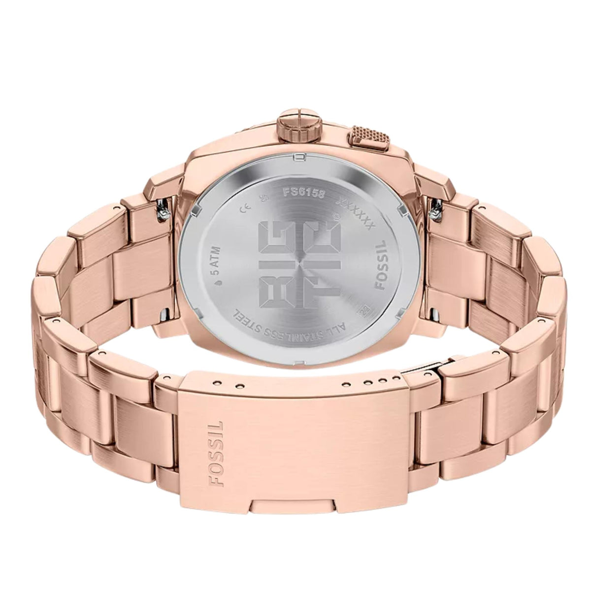 Rose-gold steel watch case back with engraved pattern and linked bracelet strap